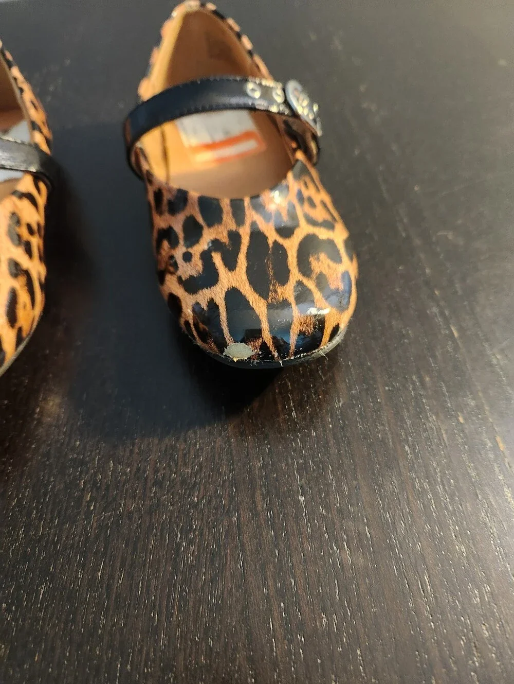 Girls Leopard Print Mary Jane Flats with Black Strap.